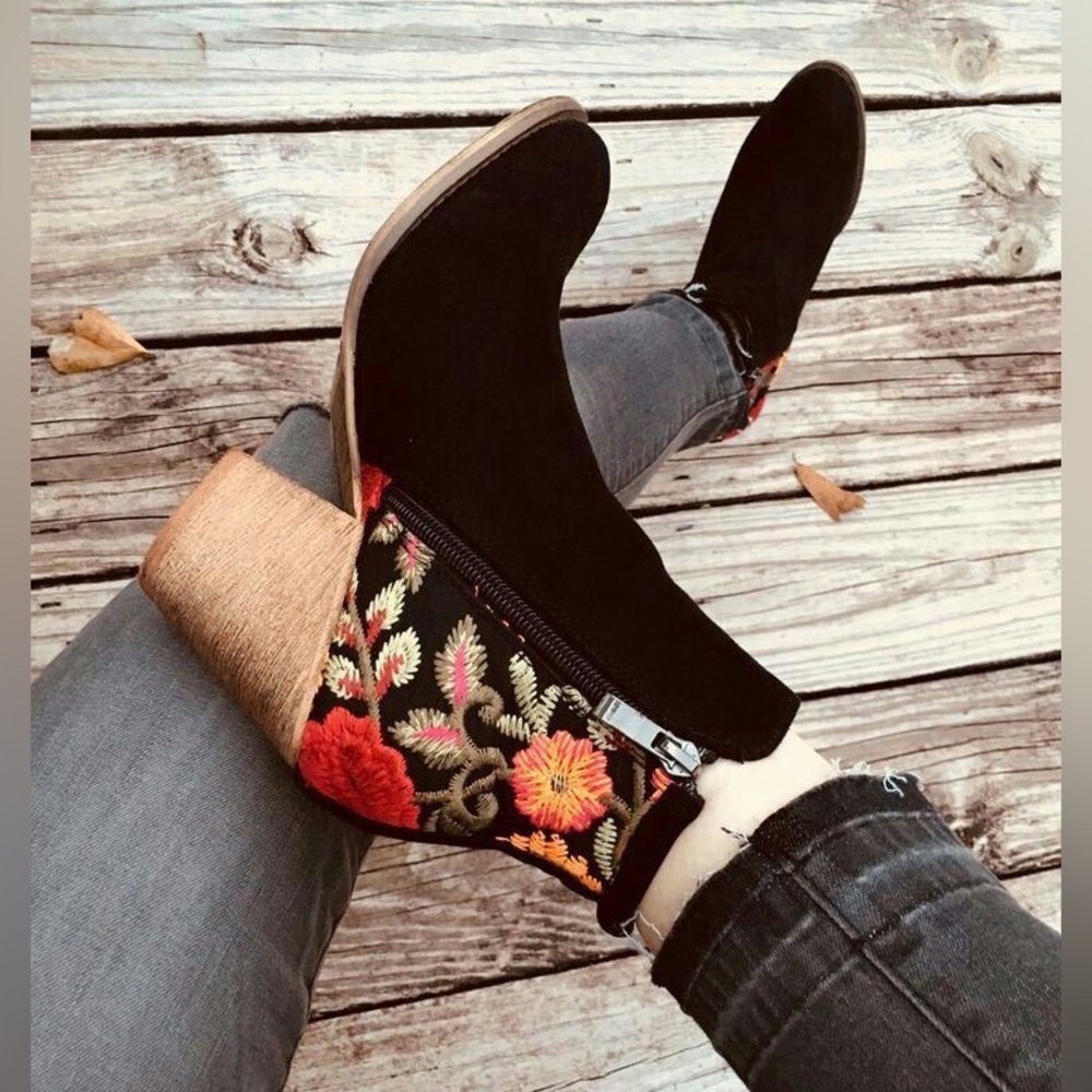 Tiara Los Angeles Floral Embroidered Black Suede Ankle Boots